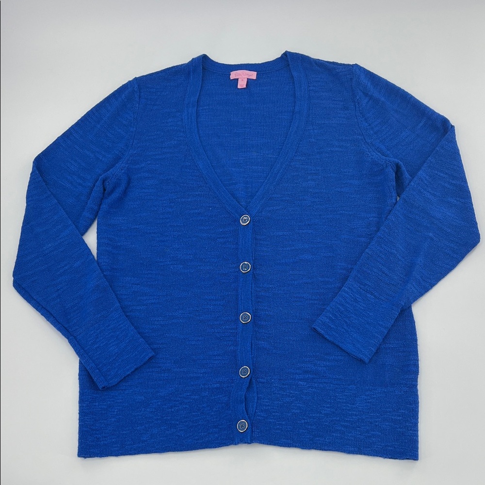Lilly Pulitzer Royal Blue Knit Cardigan button front Sweater spring transition